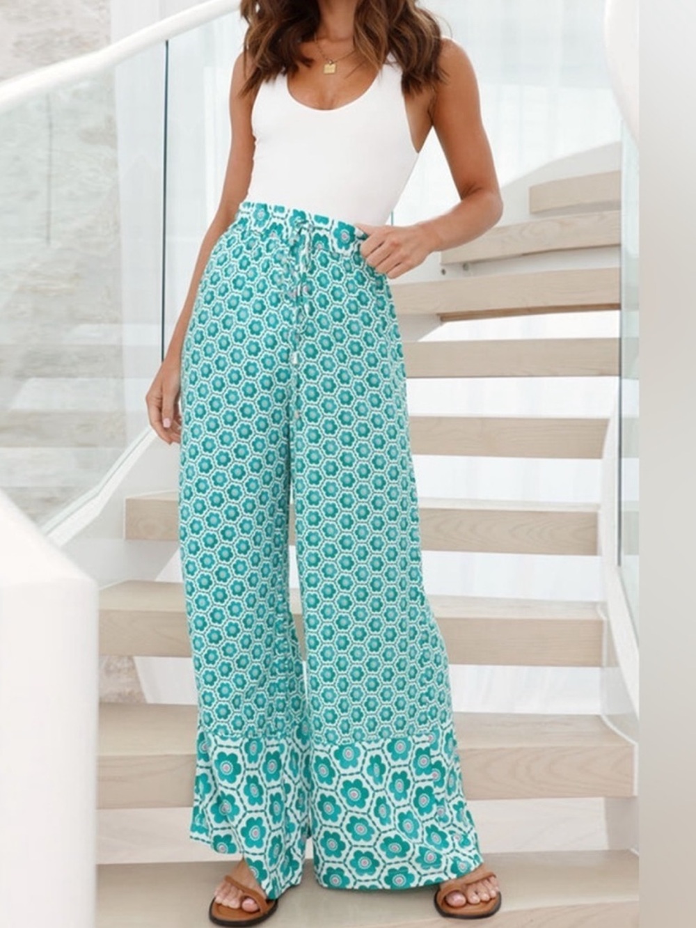 Trendi Teal Wide Leg Lightweight Flowy  Geometric Print Pants New! Size XL!